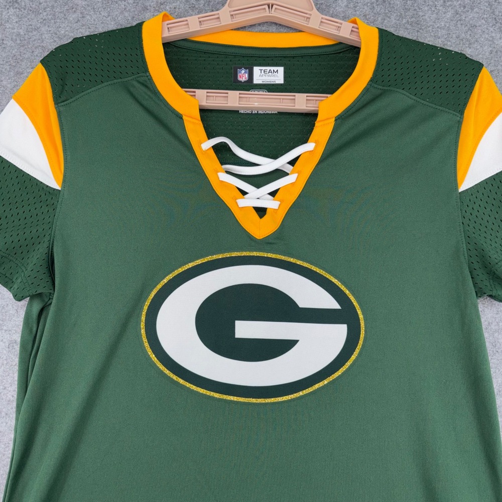 NFL Team Apparel Green Bay Packers Womens Small Lace Up V-Neck Jersey Top Green